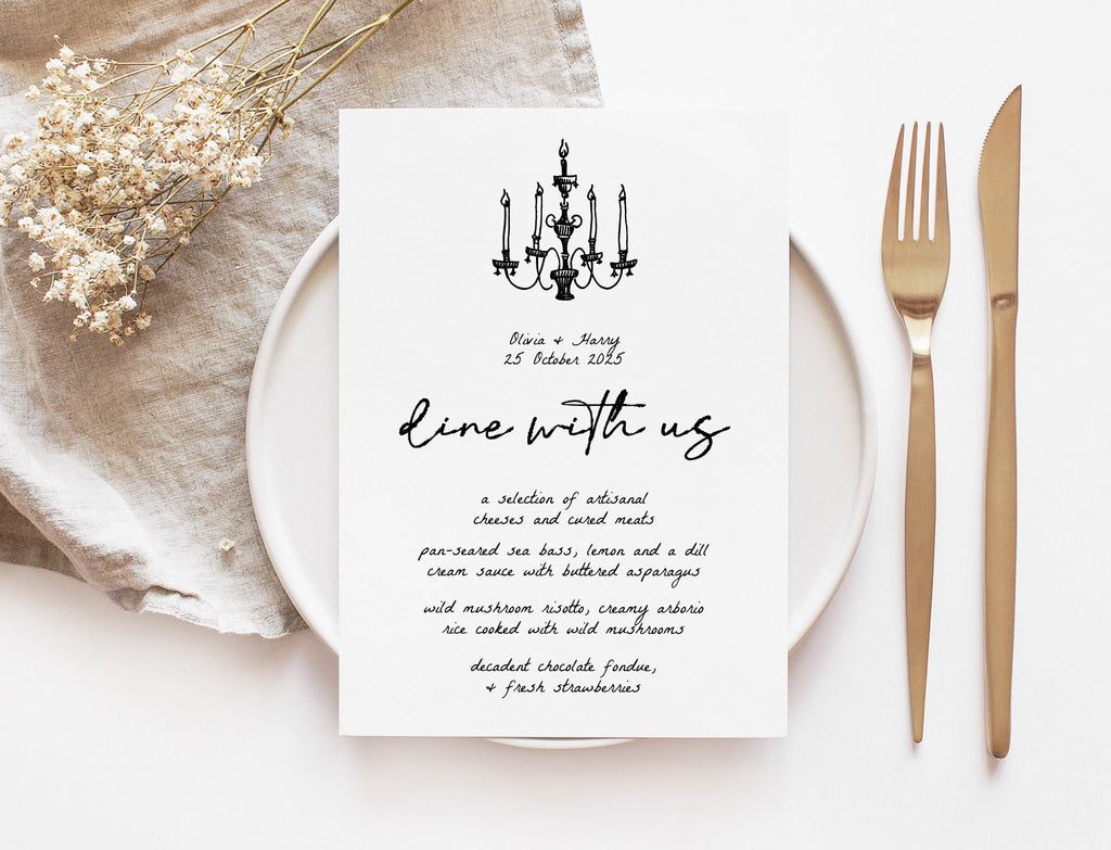 INES French Style Wedding Menu template, Hand drawn Handwritten chandelier illustrated Whimsical Wedding Menu, Instant Download Templett