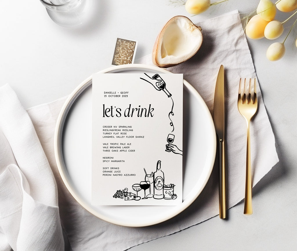 LEO Modern Editable Wedding Menu template, Hand drawn drinks scribble illustrated Fun Wedding Menu, Instant Download Templett