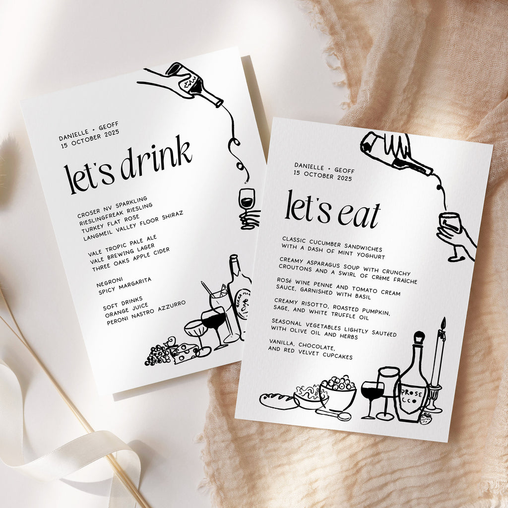 LEO Hand drawn Editable Wedding Menu template, Hand drawn drinks scribble illustrated Fun Wedding Menu, Instant Download Templett