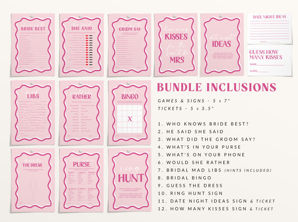 SONNY Pink Wave bridal shower games bundle template, Retro Pink White Border Bridal Shower game pack, Instant Download Editable Templett