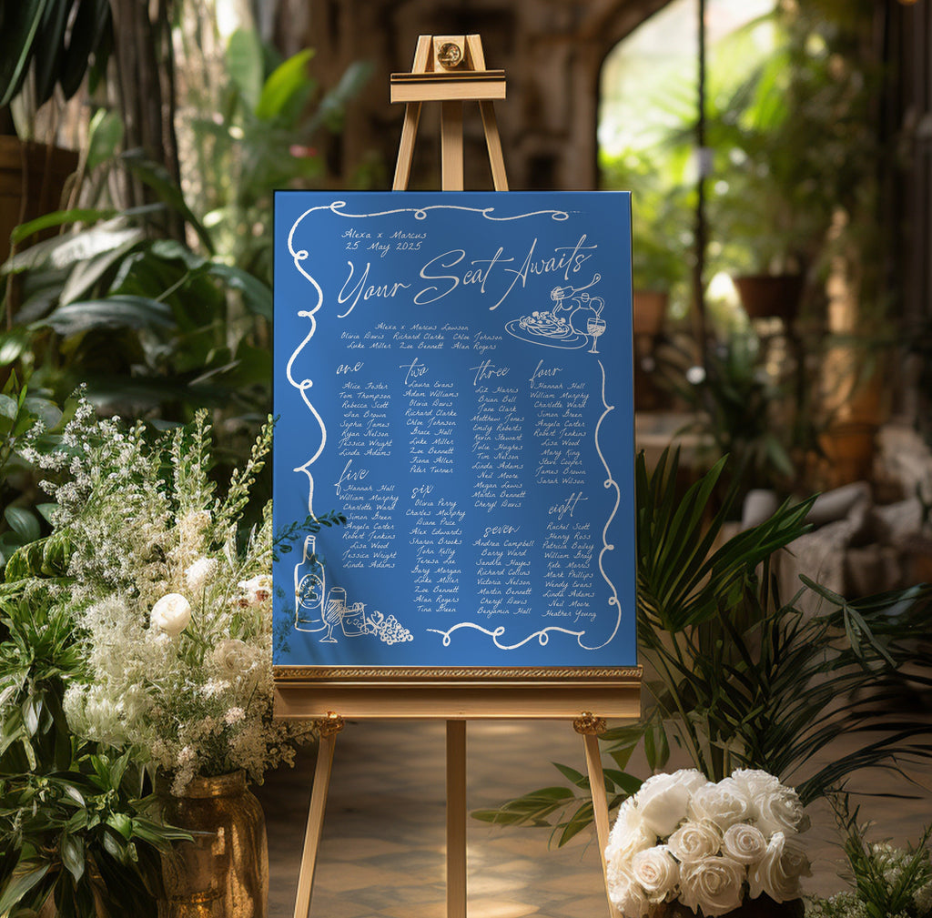 VINO Hand Drawn Wedding Seating Chart template, Hand drawn scribble illustrated Fun Wedding Menu, Instant Download Templett, Blue Wedding