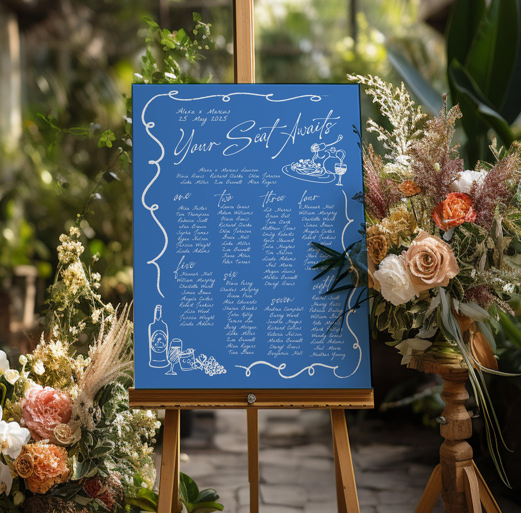 VINO Hand Drawn Wedding Seating Chart template, Hand drawn scribble illustrated Fun Wedding Menu, Instant Download Templett, Blue Wedding