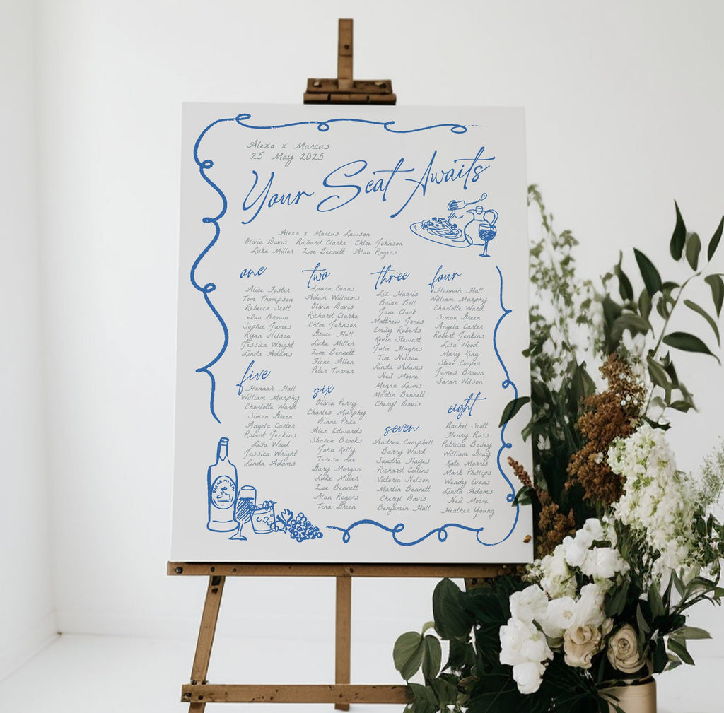 VINO Wavey Fun Wedding Seating Chart template, Hand drawn scribble illustrated Fun Wedding Menu, Instant Download Templett, Blue Wedding