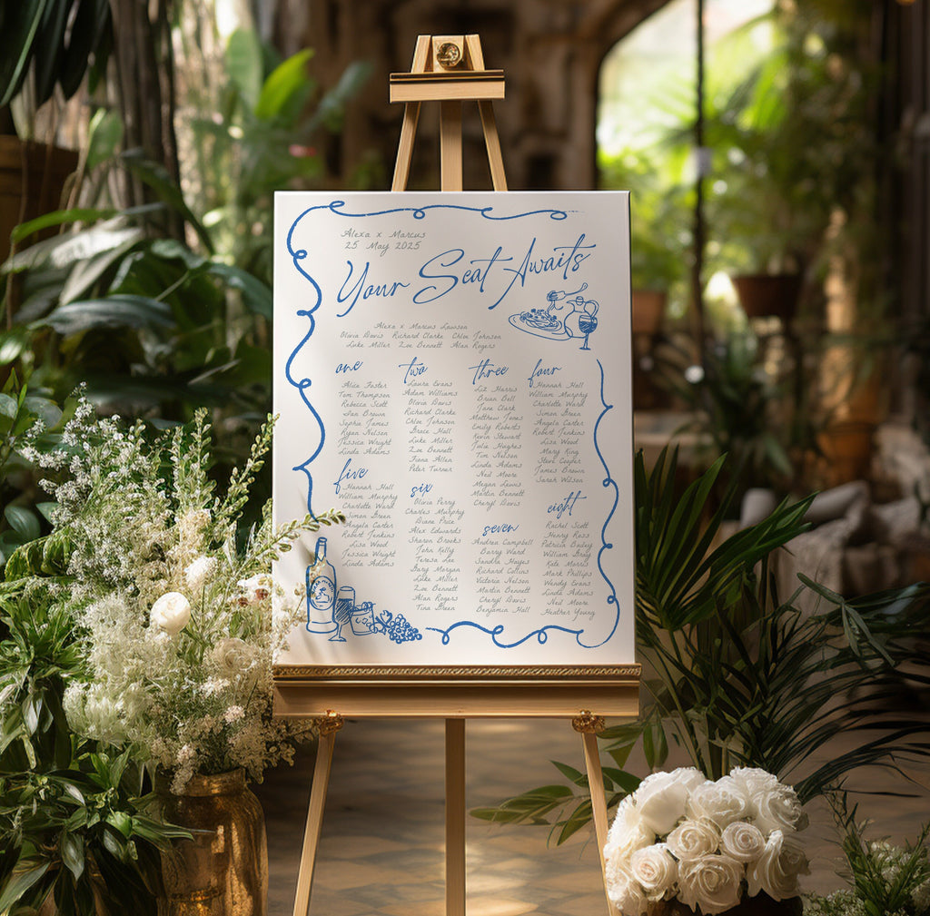VINO Wavey Fun Wedding Seating Chart template, Hand drawn scribble illustrated Fun Wedding Menu, Instant Download Templett, Blue Wedding