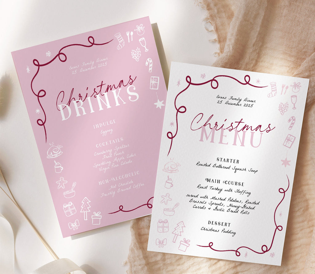 Hand drawn Christmas Menu template, Pink Wavey Festive Work party menu, editable welcome template, templett instant download FESTIVE