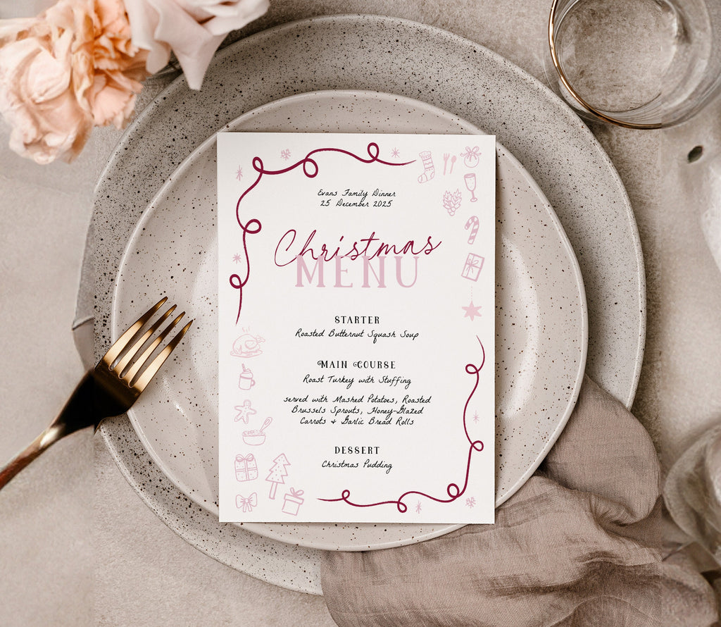 Hand drawn Christmas Menu template, Pink Wavey Festive Work party menu, editable welcome template, templett instant download FESTIVE