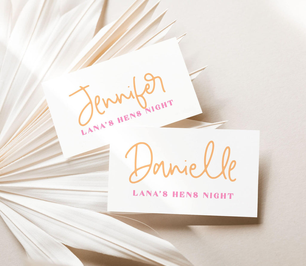 LANA Pink Orange Hen Bachelorette Placecard Template | Party Table Décor | Pink Placecard | Food Labels | Simple Script Font | Bridal Shower