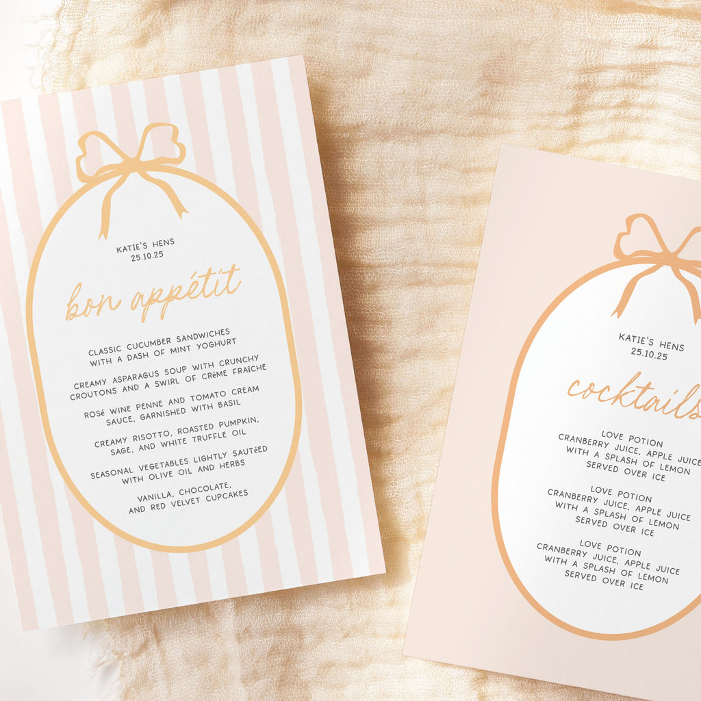 MARGOT Peach Bow Bridal Shower Menu | Instant Download | Boho Menu | Bridal Shower Menu Template | Editable Bridal Shower Setting Download