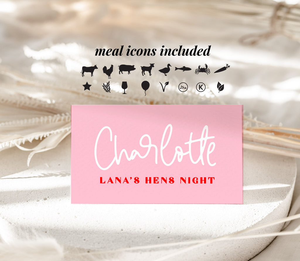 LANA Hen Bachelorette Placecard Template | Pink Red Party Table Décor | Pink Placecard | Food Labels | Simple Script Font | Bridal Shower