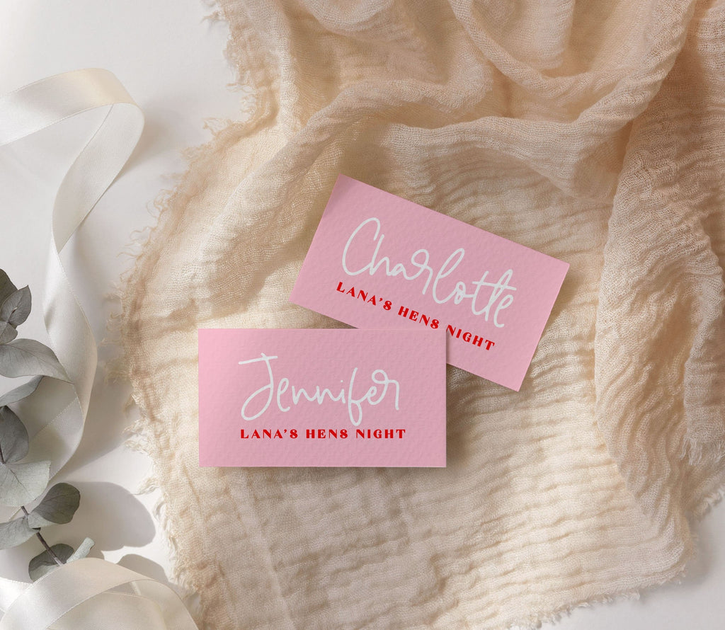 LANA Hen Bachelorette Placecard Template | Pink Red Party Table Décor | Pink Placecard | Food Labels | Simple Script Font | Bridal Shower