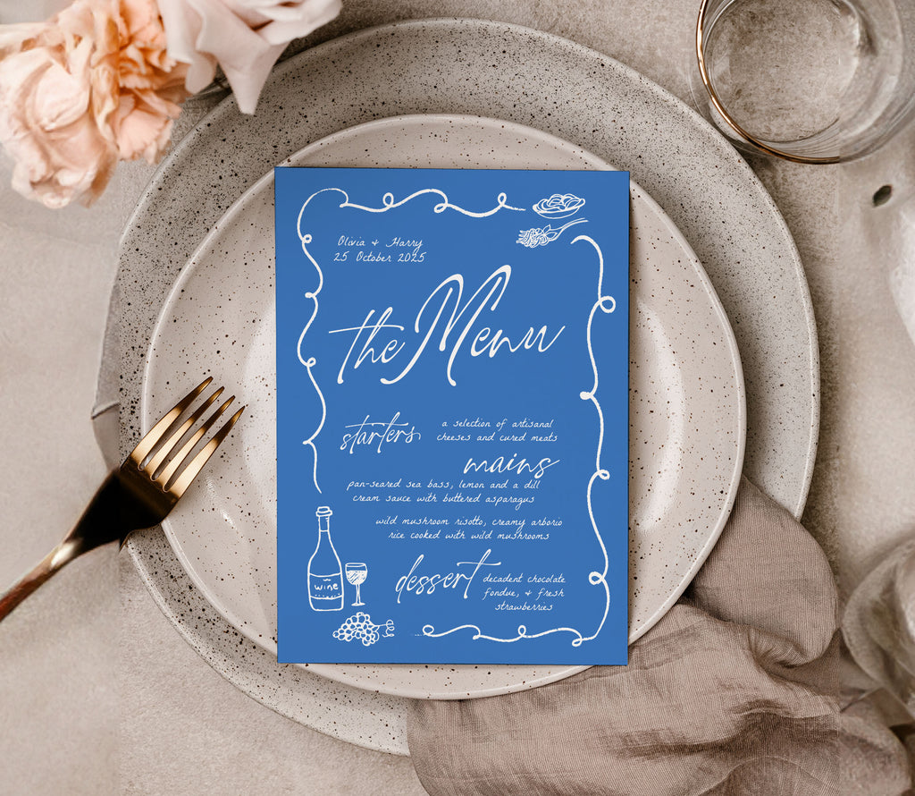 VINO Blue Hand Drawn Menu Template | Hand-Drawn Menu Dinner Party | Food And Wine Illustrations | Instant Download Templett | Wedding Menu